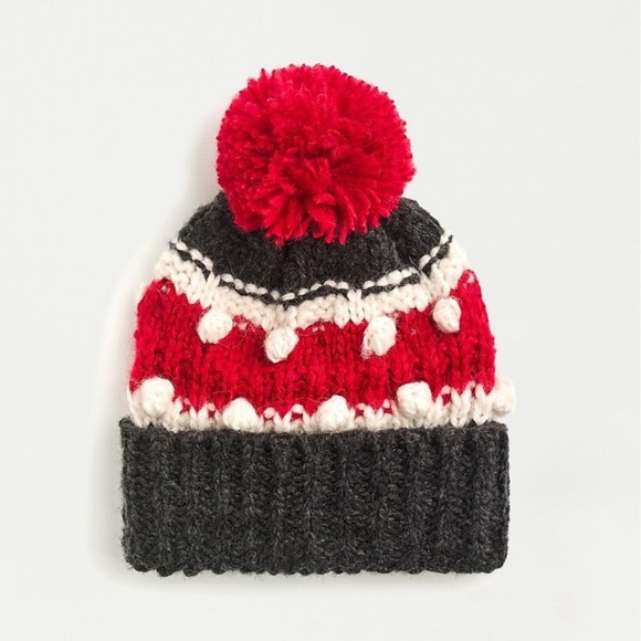 J. Crew Chunky Knit Bobble Red Stripe Christmas Winter Pompom Beanie